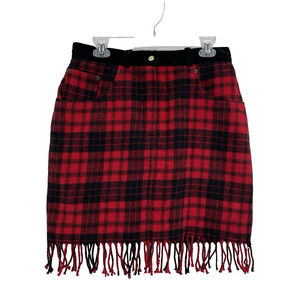 VTG Express Compagnie Skirt 12 Tartan Red Wool* Velvet Fringe Grunge Indie Punk